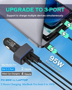 Usb C Car Charger 95W, 3-Port Pd 65W Pps 55W Qc3.0 30W Fast Car Charger For Iphone 14/13/12/11 Pro Max, Samsung Galaxy, Google Pixel, Macbook/Laptop/