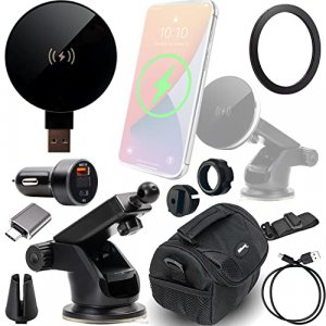 Ultimaxx Wireless Qi Fast Charger & Travel Kit. Case Extension Mount Magnetic Ring Usb-C Adapter & Cable Vent Clip & Car Adapter For Iphone 14/14 Plu