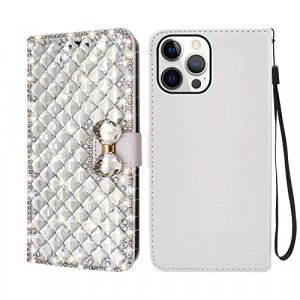 Omio Compatible With Iphone 14 Pro Max Wallet Case Luxury Glitter Bling Diamond Card Holder Women Girls Case With Stand Sparkle Crystal Bow Shockproo