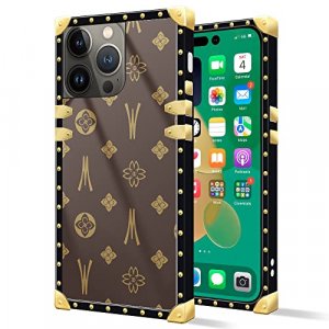 DAIZAG Case Compatible with iPhone 13 Pro Max,B Brown Square Case Luxury Elegant Women Girls Metal Decoration Corner Classic Retro Soft TPU Case for