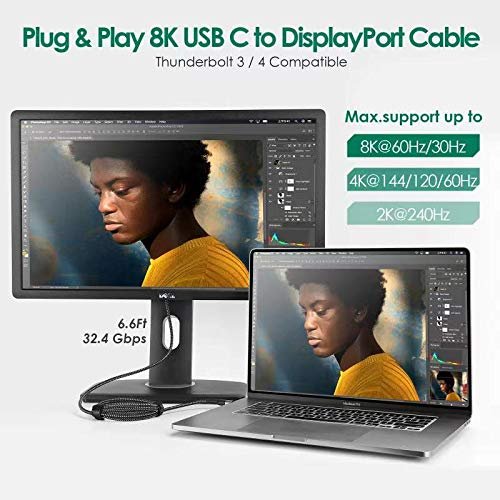 8K 60Hz DisplayPort Cable 6.6FT,DP 2.1 Male Ultra High Speed Cord for  Laptop/PC/TV/Gaming Monitor, Supports 8K@60Hz, 4k@144Hz/120Hz 2K@240Hz)