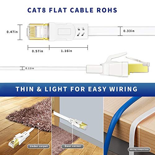 Cat 8 Ethernet Cable 100 FT, Nylon Braided High Speed Flat Network Cable  Shielded, 30AWG LAN Internet Cable 40Gbps, 