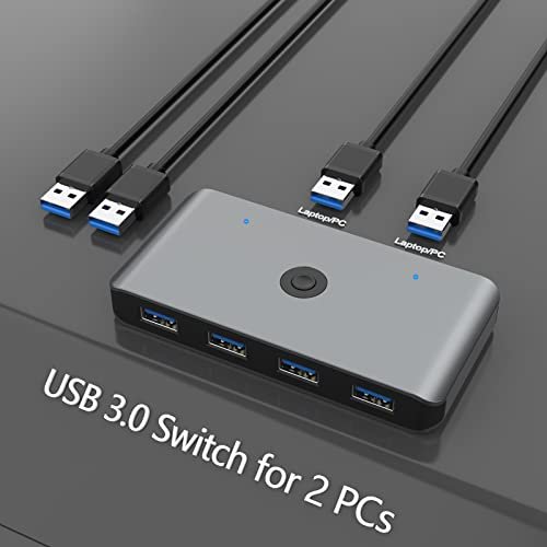 USB 3.0 Switch, RSHTECH 2 In 5 Output USB 3.0 Sharing Switcher Aluminum USB  KM Switcher with 4 USB 3.0 Ports, 3.5mm Audio Jack and 2 USB 3.0 Cables
