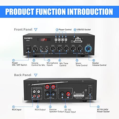 NEOHIPO AM02 300W Bluetooth 5.0 Class AB Stereo Power Amplifier