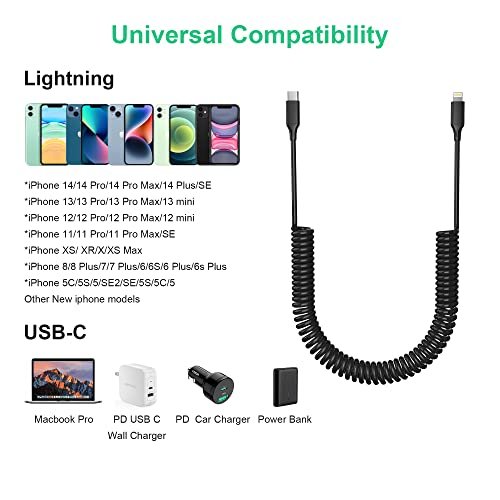  Coiled USB-C to Lightning Cable, Apple Carplay