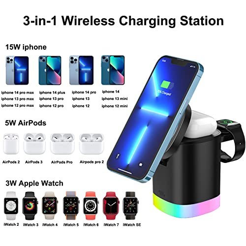 3-in-1 MagSafe Charger Stand, 18W Fast Magnetic Charger for iPhone 14, 13 &  12 Series - Apple Watch & AirPods, Wireless Charging Station for Multiple