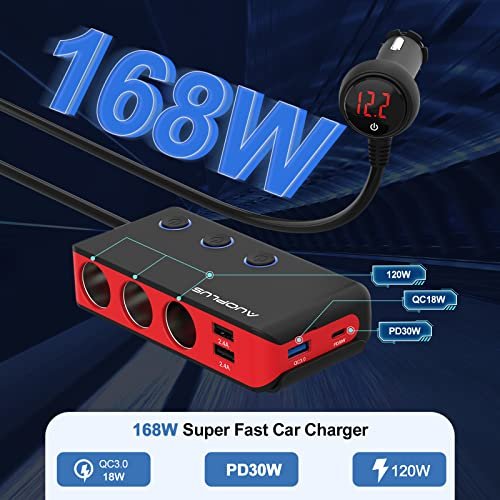 4 in 1 USB C Car Charger, 168W Multi USB Cigarette Lighter Adapter, Socket  Splitter with 3 USB Ports, 12V/24V Dual USB Type C PD Fast Car Charger  Adapter for iPhone 15