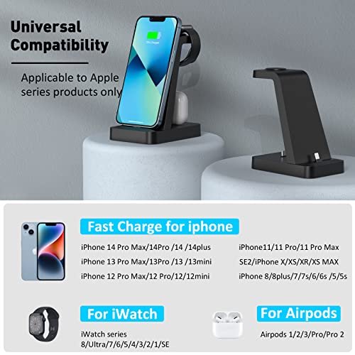 3 in 1 Charging Station for iPhone 14 13 12 11 X Pro Max & Apple Watch  Wireless Charger Stand Dock for AirPods Multiple Apple Devices