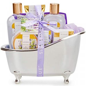 Bath Baskets for Women Gift, Home Spa Gift Basket for Women, Spa Luxetique Lavender Spa Set with Body Lotion, Bath Salt, Bath Bombs, Relaxation Bath 