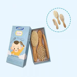 Baby Hair Brush & Comb Set, Organic Wooden Hairbrush Natural Goat Bristles 3-Piece for Newborns & Toddlers, Ideal for Cradle Cap & Itching, Perfect S