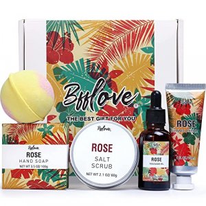 Spa Gifts for Women, Gift Set for Her Bath Gift Box, 5pc Rose Spa Bath Sets Include Massage Oil, Bath Bomb, Salt Scrub, Soap, Hand Cream. Birthday Sp