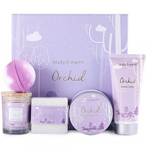 Bath Spa Gifts for Women - Gift Set for Women, Body & Earth 5 Pcs Bath Set with Orchid Scented Candle, Body Butter, Hand Cream, Bath Bar and Bath Bom