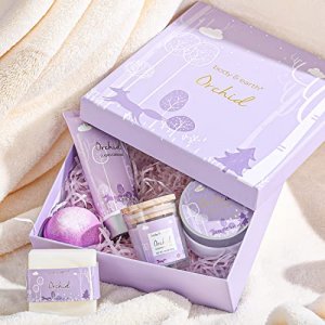 Bath Spa Gifts for Women - Gift Set for Women, Body & Earth 5 Pcs Bath Set with Orchid Scented Candle, Body Butter, Hand Cream, Bath Bar and Bath Bom