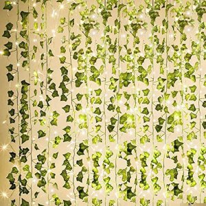 KASZOO 84Ft 12 Pack Artificial Ivy Garland Fake Plants, Vine Hanging Garland with 80 LED String Light, Hanging for Home Kitchen Garden Office Wedding