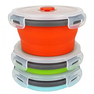 ECOmorning 3Piece Round Collapsible Lunch Container Silicone Food Storage Containers Collapsible Camping Bowl with Airtight Silicone Lids, Microwave,