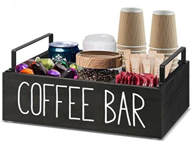Coffee Station Organizer, Wooden Coffee Bar Accessories Organizer for Counter, Farmhouse Kcup Coffee Pod Holder Storage Basket with Handle, Coffee Ba