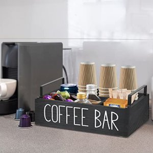 Coffee Station Organizer, Wooden Coffee Bar Accessories Organizer for Counter, Farmhouse Kcup Coffee Pod Holder Storage Basket with Handle, Coffee Ba