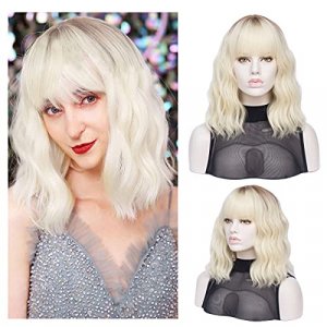 QACCF Blonde Bob Wig Short Wavy Pelucas Shoulder Length Women Dark Root Bang Realistic Wig (Ombre)