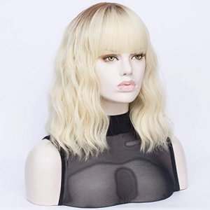QACCF Blonde Bob Wig Short Wavy Pelucas Shoulder Length Women Dark Root Bang Realistic Wig (Ombre)