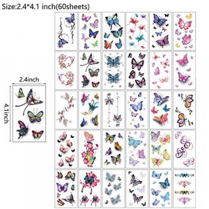 60 Sheets Waterproof Flower 3D Butterfly Fake Temporary Tattoo Sticker for Girl Lady Women