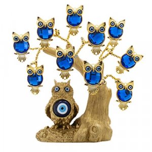 Blue Evil Eye Lucky Tree Adjustable Branches Golden Enamel Owl Statue for Home Office Decoration Protection Feng Shui Ornament