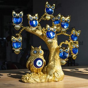Blue Evil Eye Lucky Tree Adjustable Branches Golden Enamel Owl Statue for Home Office Decoration Protection Feng Shui Ornament