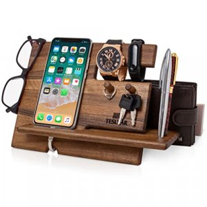Natural Walnut Wood Phone Docking Station Key Hooks Holder Wallet Stand Watch Organizer Men Husband Anniversary Birthday Nightstand Purse Tablet Boyf