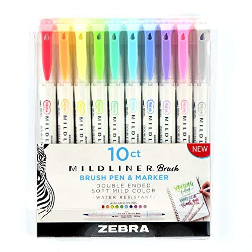Zebra Pen Mildliner Brush Marker, Double Ended Brush and Fine Tip Pen,  Assorted Soft Colors, 10 Pack