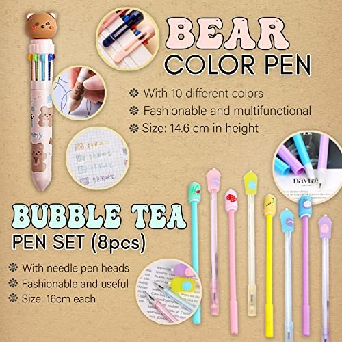 Kawaii Stationary Set 1 Pop up Boba Pencil Case, 1 Boba Eraser, 8 Kawaii  Pens, 50 Pcs Bubble Tea Stickers & 1 Multiple Color Pen in One 