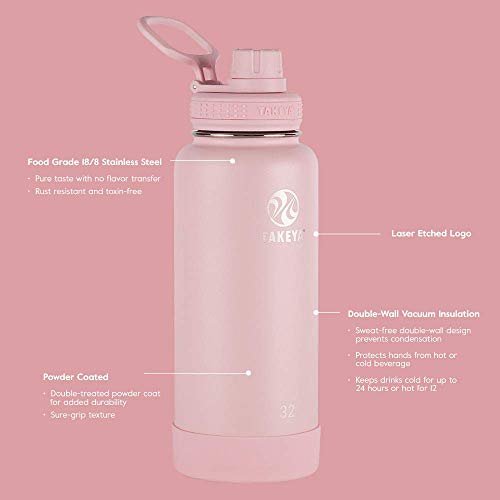 Takeya Actives Straw Reusable Water Bottle, 24 Oz, Blush