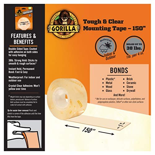 Gorilla Tough & Clear Double Sided Adhesive Mounting Tape, Extra Large, 1  x 150, Clear, (Pack of 1)