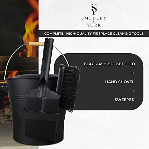 Smedley & York Black Ash Bucket with Lid, Includes A Firepit Shovel and