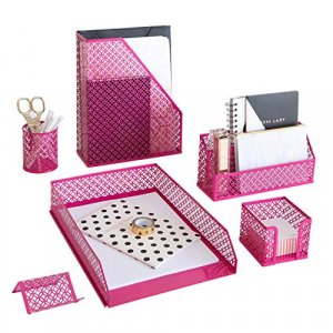 Blu Monaco Pink Office Supplies Hot Pink Desk Accessories for Women Office - 6 Piece Cute Pink Desk Organizer Set