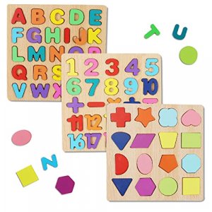 Wooden Puzzles for Toddlers, Wooden ABC Alphabet Number Shape Puzzles Toddler Learning Puzzle Toys for Kids 2-6 Years Old Boys & Girls, 3 in 1 Montes