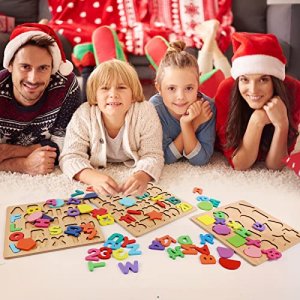 Wooden Puzzles for Toddlers, Wooden ABC Alphabet Number Shape Puzzles Toddler Learning Puzzle Toys for Kids 2-6 Years Old Boys & Girls, 3 in 1 Montes