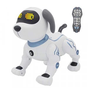 fisca Remote Control Dog, RC Robotic Stunt Puppy Voice Control Toys Handstand Push-up Electronic Pets Dancing Programmable Robot with Sound for Kids