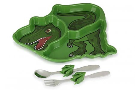 KidsFunwares T-Rex Dinosaur Me Time Meal Set, Portion Control Divided Plate with Fork and Spoon for Kids