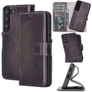 Bayelon Samsung Galaxy S22 Case, Full Grain Leather Phone Wallet, Detachable Samsung S22 Case with Kickstand, Magnetic Flip Phone Cover, Samsung Gala