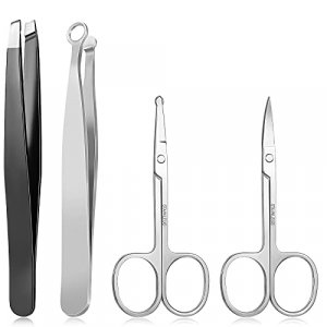 4 Pieces Nose Hair Tweezers Scissors Set Include Nose Hair Trimming Tweezers, Curved and Rounded Nose Hair Scissors, Precision Eyebrow Tweezers for N