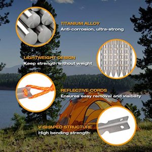 Hikemax Ultralight Titanium Tent Stakes 6 Pack - V-Shaped Tent Pegs with Reflective Pull Cords - Made for Camping