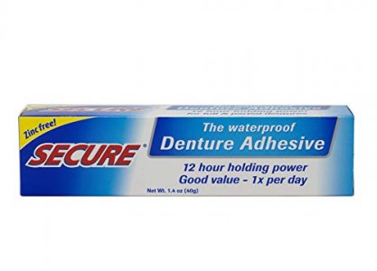 Secure Waterproof Denture Adhesive - Zinc Free - Extra Strong Hold for Upper, Lower or Partials - 1.4 oz