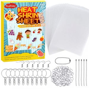 Auihiay 145 Pieces Heat Shrink Plastic Sheet Kit Shrinky Dinks Include 20 PCS Shrink Film Papers with 125 PCS Keychains Accessories for Kids Creative