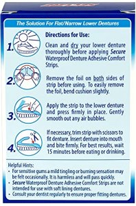 Secure Comfort Strips Waterproof Denture Adhesive - Customizable Fit, Extra Firm All Day Strong Hold for Lower Dentures - Zinc Free - 60 Strips