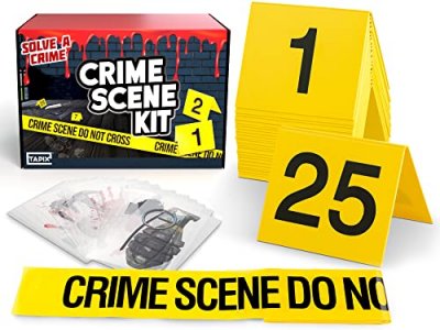 Evidence Markers Crime Scene Kit - Includes 25 Evidence Markers Tents, 25 Crime Object Cards, 100ft Crime Scene Do Not Cross Barricade Tape