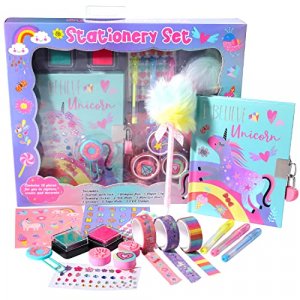 YOYTOO Unicorn Diary for Girls with Lock and Keys, Unicorn Stationery Set with Diary, Stamps, Stickers, Pens, Unicorn Journal Notebook Birthday Gift 