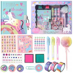 YOYTOO Unicorn Diary for Girls with Lock and Keys, Unicorn Stationery Set with Diary, Stamps, Stickers, Pens, Unicorn Journal Notebook Birthday Gift 