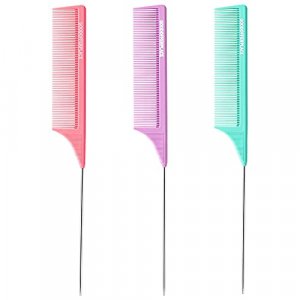 Goodofferplace 3PCS Hair Rat Tail Combs Parting Rattail Combs Teasing Fine Tooth Comb Metal Hair Pick Detangling Combs Set for Women,Girls(Pink Purpl