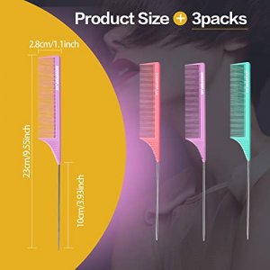 Goodofferplace 3PCS Hair Rat Tail Combs Parting Rattail Combs Teasing Fine Tooth Comb Metal Hair Pick Detangling Combs Set for Women,Girls(Pink Purpl