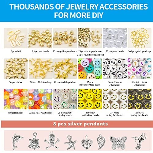 Total 7200 Pcs, Clay Beads for Bracelet Making Kits, 24 Colors 6000 pcs  Flat Clay Heishi Beads, 16 A-Z Smiley Face Beads