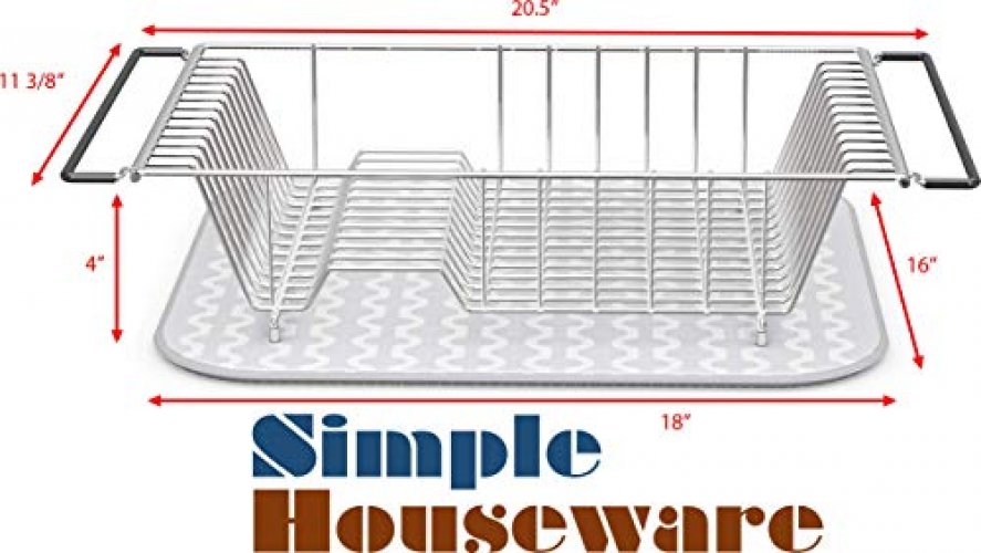 Simple Houseware Large Over Sink Counter Top Dish Drainer Drying Rack with Drying Mat and Utensil Holder, Chrome